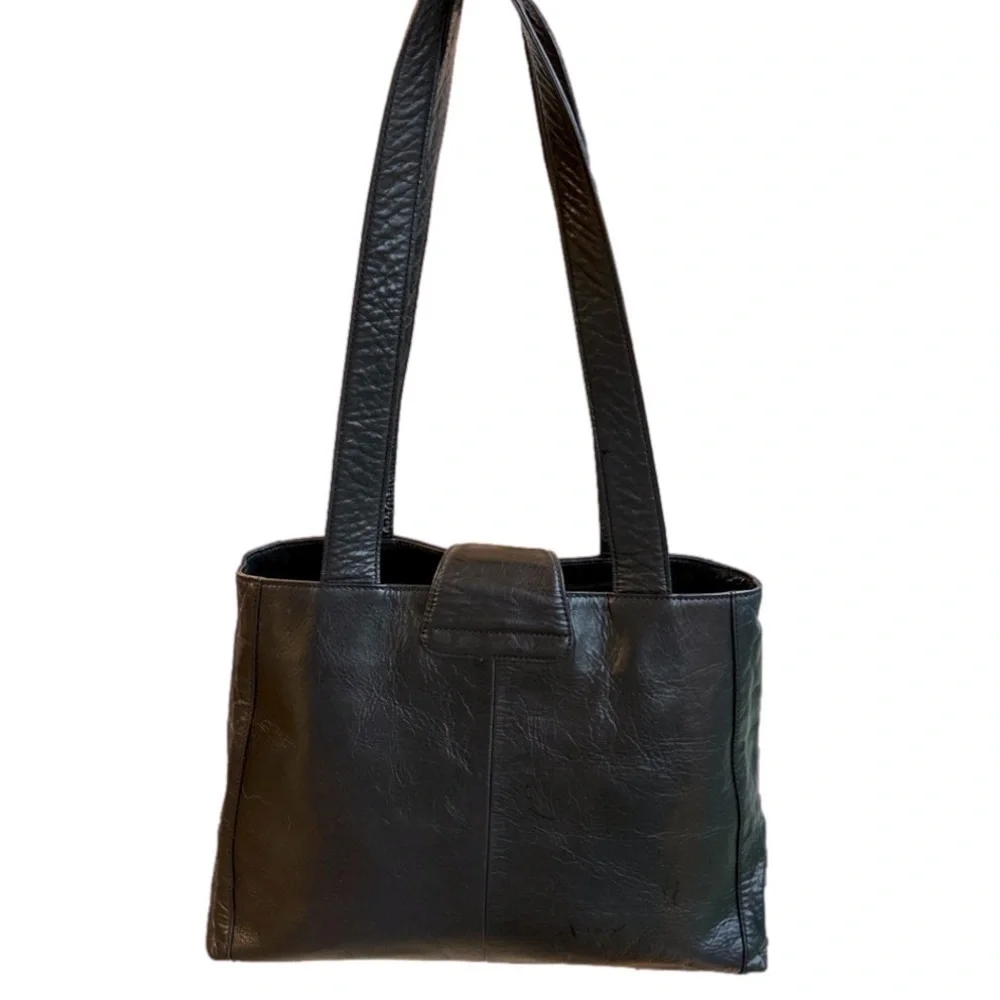 M London Black Leather 2 strap shoulder bag satchel tote Purse
